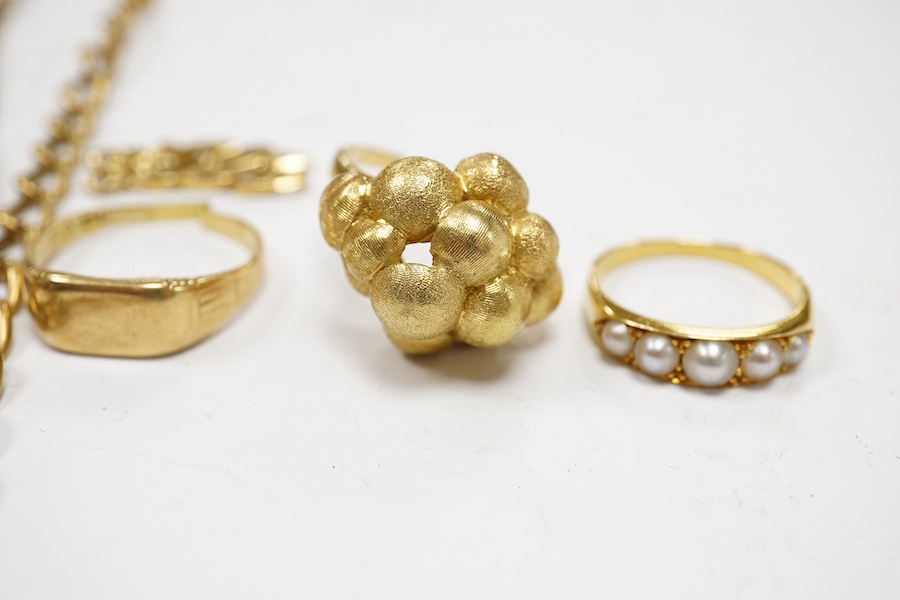 A yellow metal and graduated five stone split pearl set half hoop ring, a 375 necklace and 9ct gold cufflink, a 22ct gold and two colour paste set ring and eight assorted damaged gold and yellow metal items, 9ct 29.2 gra